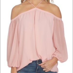 1. State: Pink Off The Shoulder Chiffon Blouse
